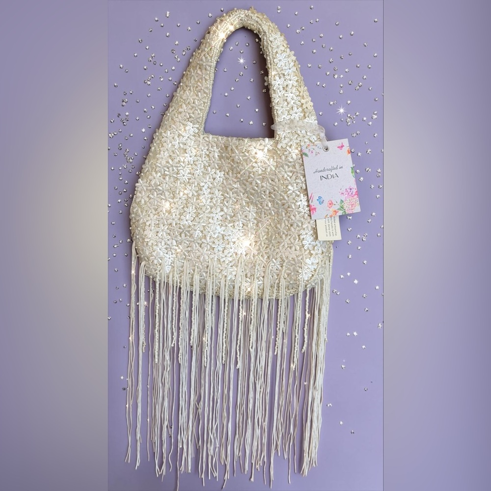 Handcrafted Ivory Beaded Fringe Bag A VIRAL SENSATION!  Brand New with Tags!